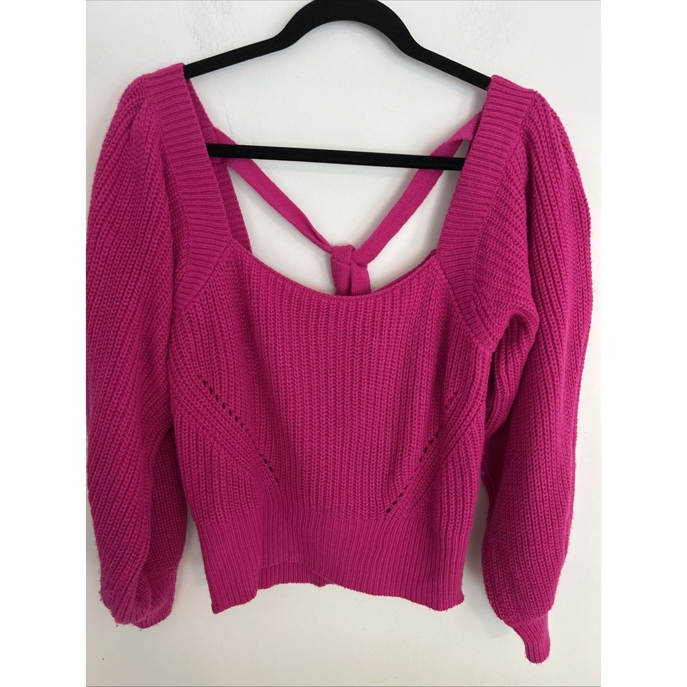 GeeGee Pink Ripple‎ Sweetheart Neckline Balloon Sleeves Cropped Knit Sweater S